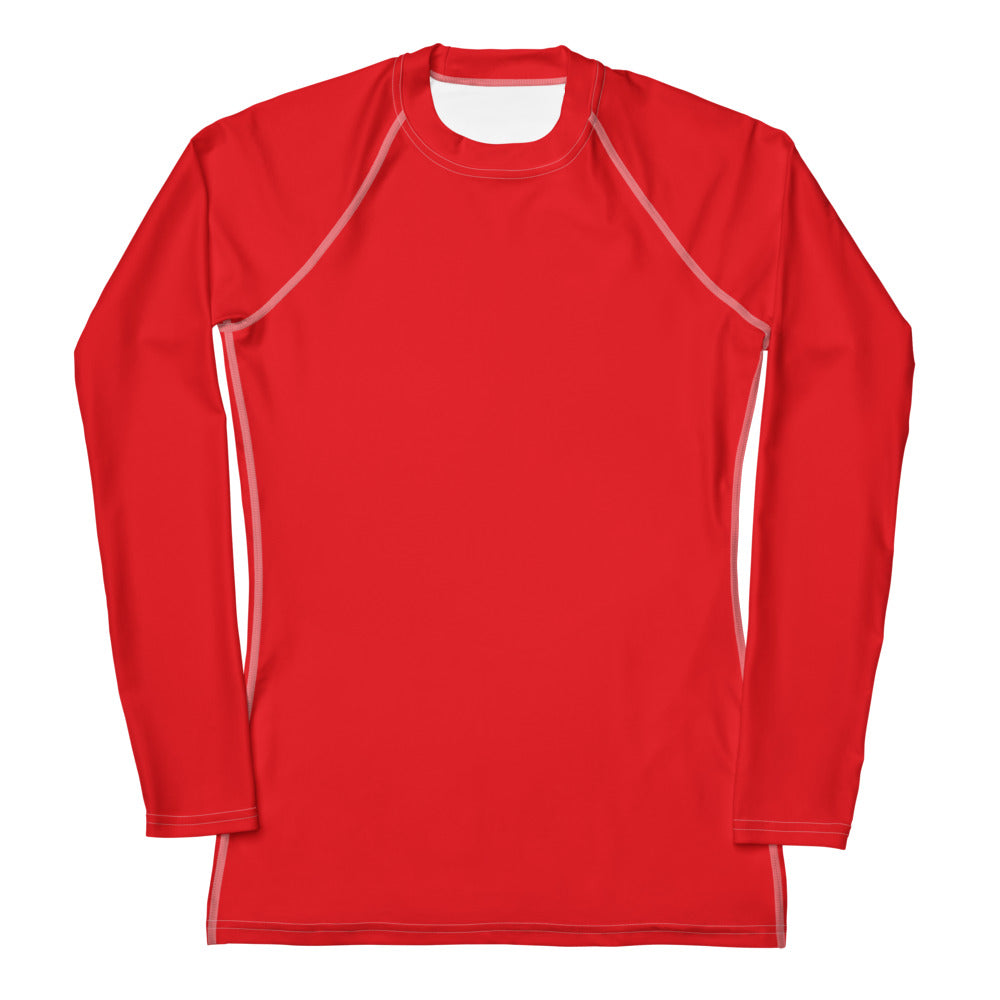 Women’s red buttery soft long sleeve rash guard swim shirt with white seam detailing and upf 50 plus protection