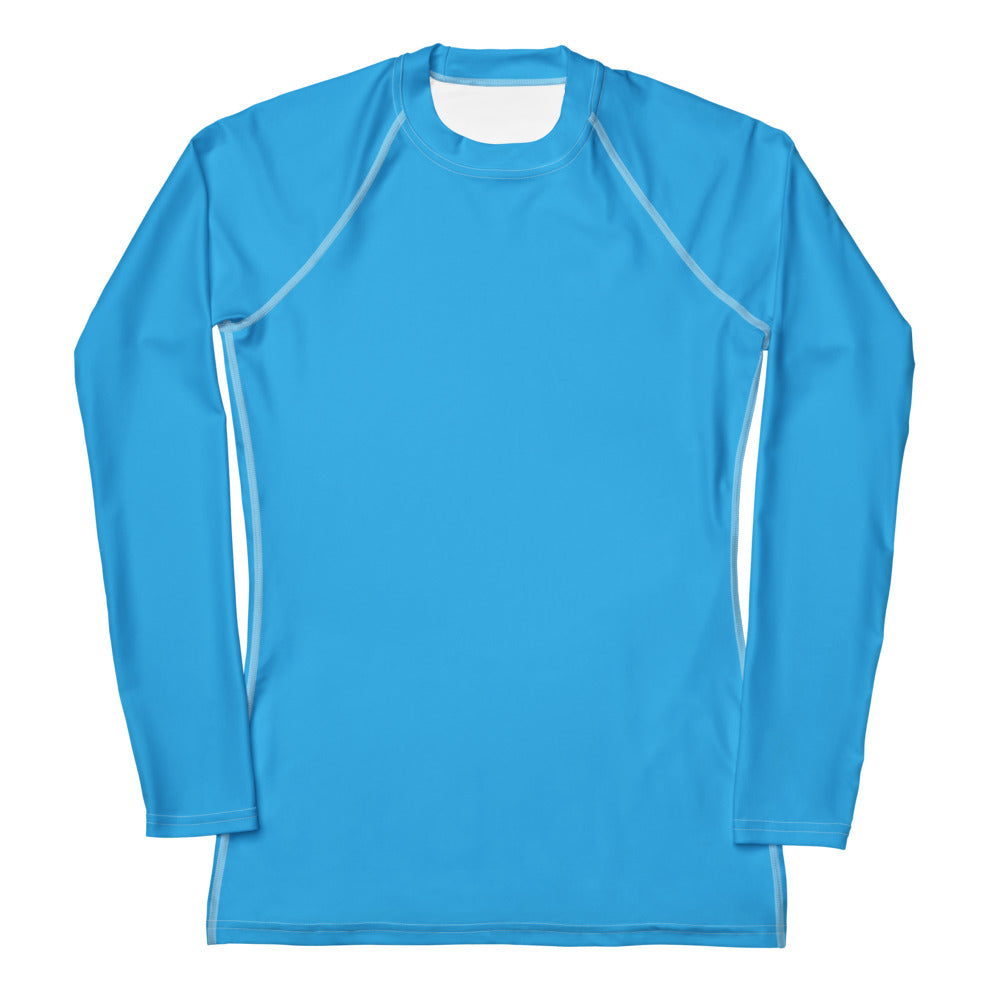 Women’s sky blue buttery soft long sleeve rash guard with subtle gray seams and UPF 50 plus sun protection