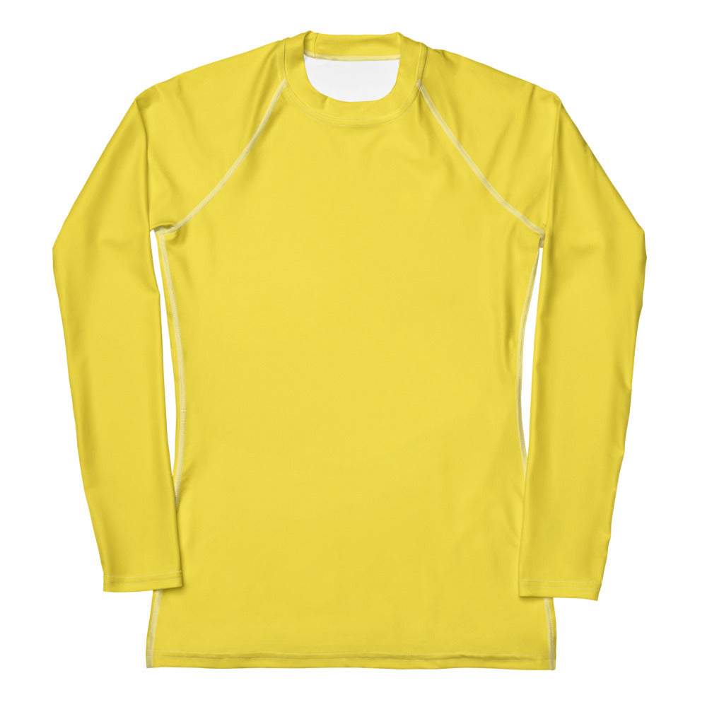 Women’s yellow buttery soft long sleeve rash guard swim shirt with UPF 50+ and subtle white seam detailing