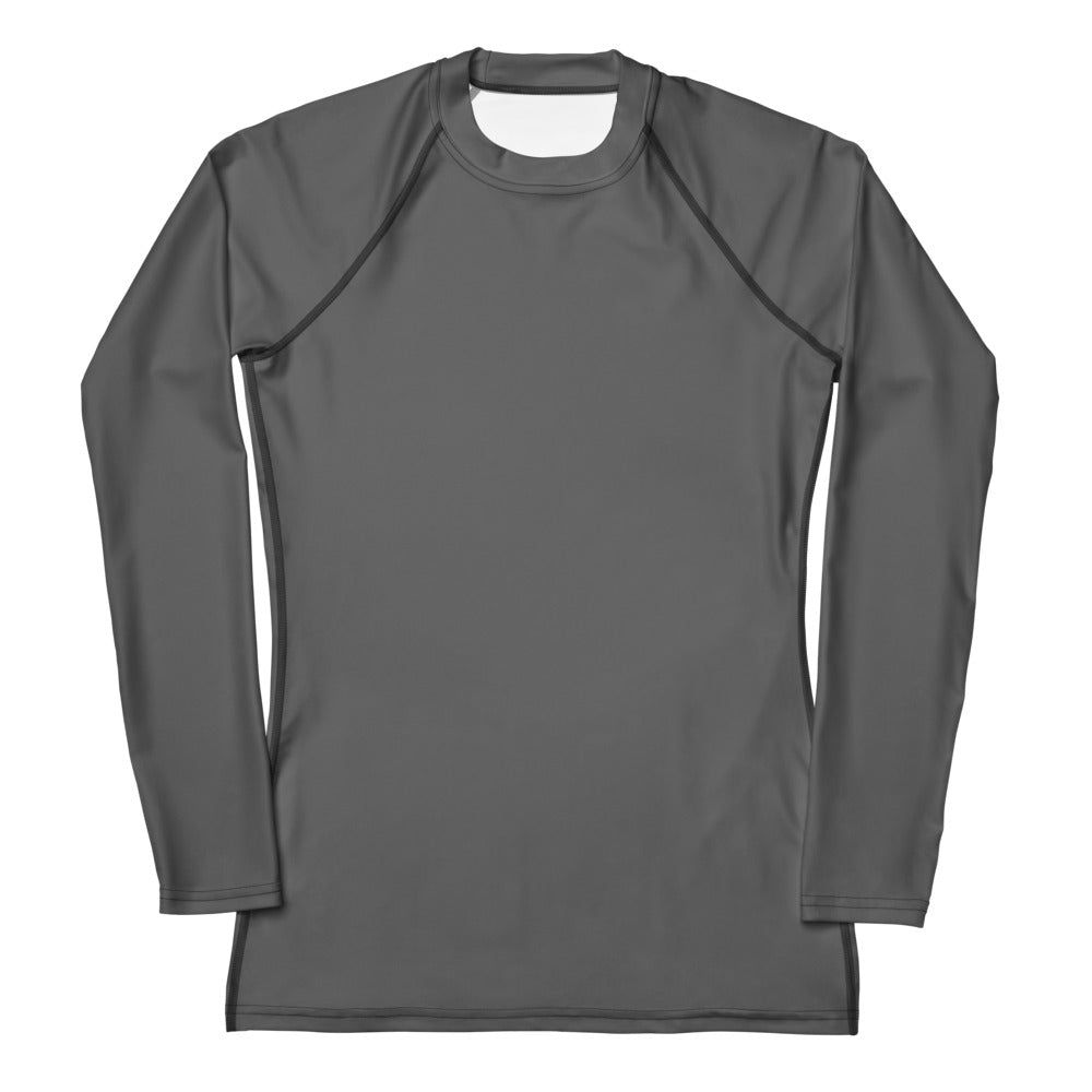 Women’s gray buttery soft long sleeve rash guard swim shirt with UPF 50 and subtle black seam detailing