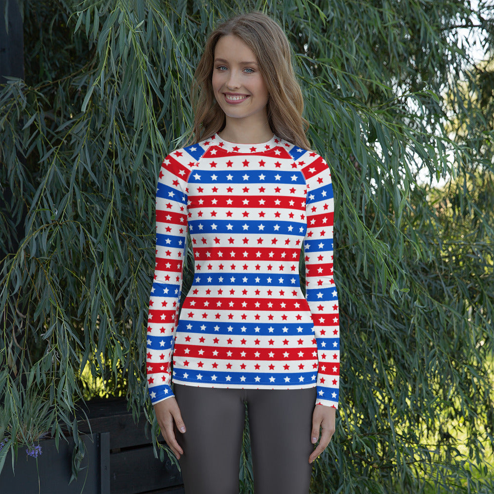 Women's Striped Red White and Blue Stars Long Sleeve Rash Guard Swim Shirt – Buttery Soft, Sun Safe UPF 50+ Protection, Quick Dry & 4-Way Stretch Comfort