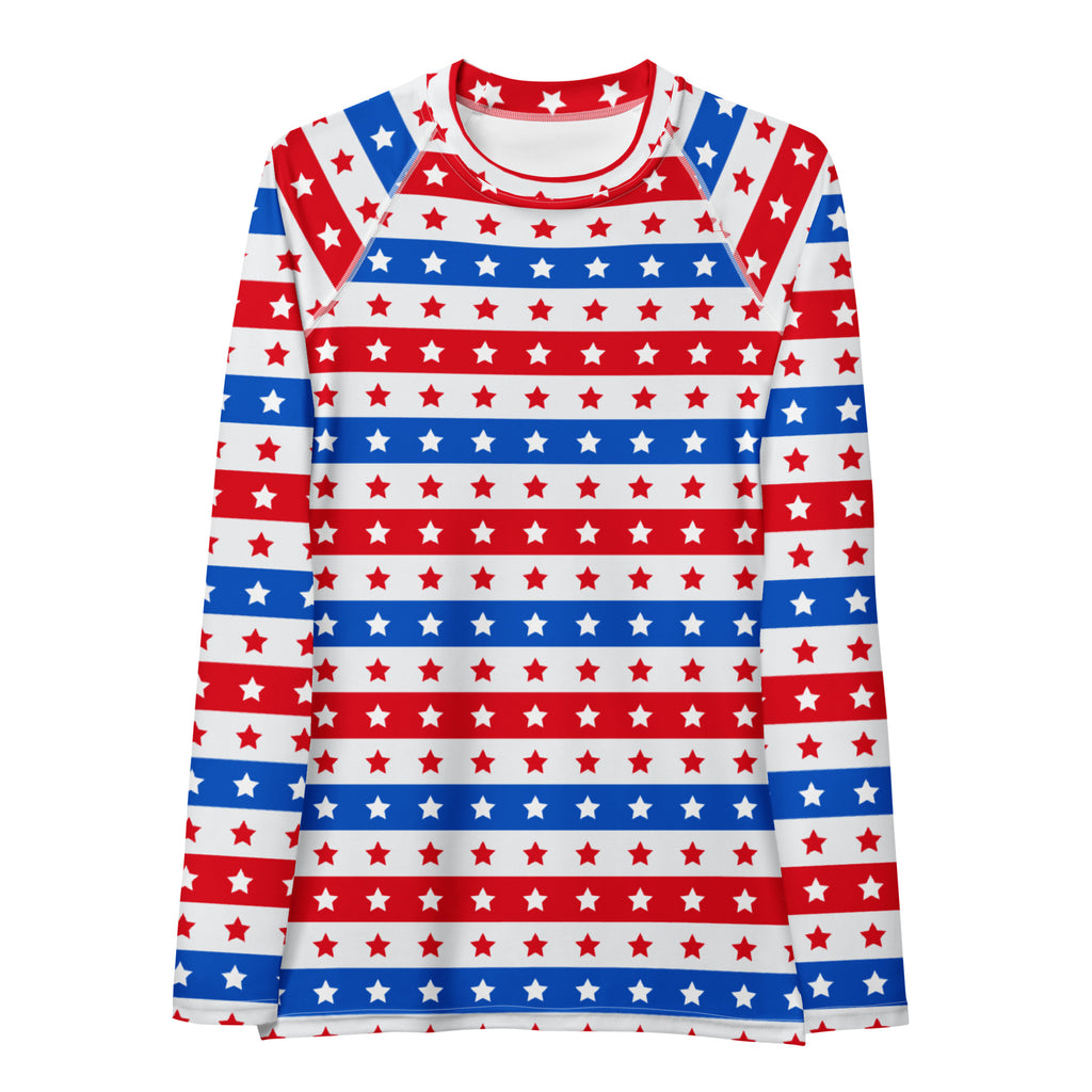 Women's Striped Red White and Blue Stars Long Sleeve Rash Guard Swim Shirt – Buttery Soft, Sun Safe UPF 50+ Protection, Quick Dry & 4-Way Stretch Comfort
