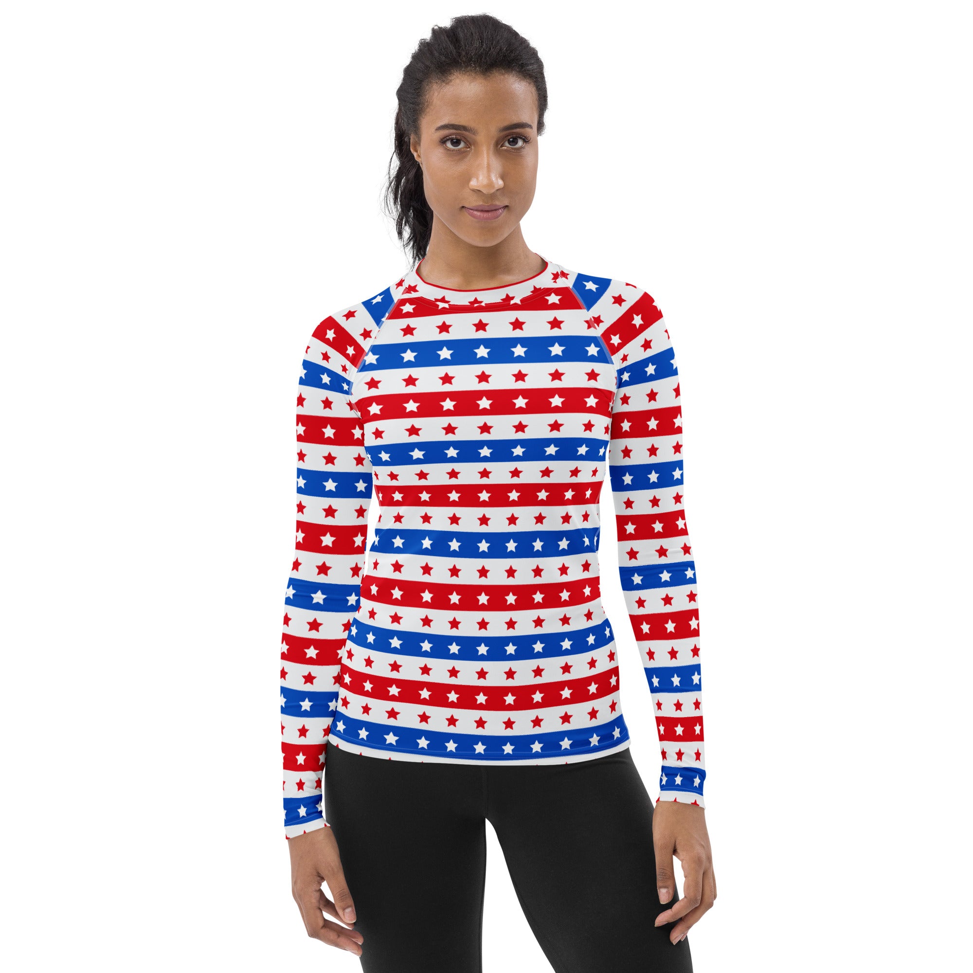 Women's Striped Red White and Blue Stars Long Sleeve Rash Guard Swim Shirt – Buttery Soft, Sun Safe UPF 50+ Protection, Quick Dry & 4-Way Stretch Comfort