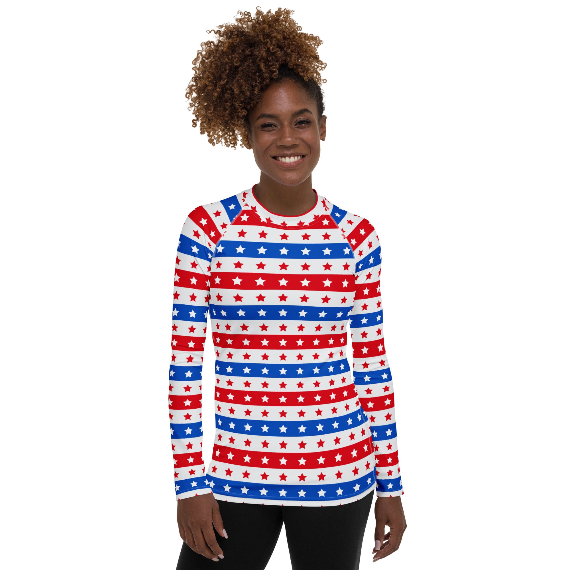 Women's Striped Red White and Blue Stars Long Sleeve Rash Guard Swim Shirt – Buttery Soft, Sun Safe UPF 50+ Protection, Quick Dry & 4-Way Stretch Comfort