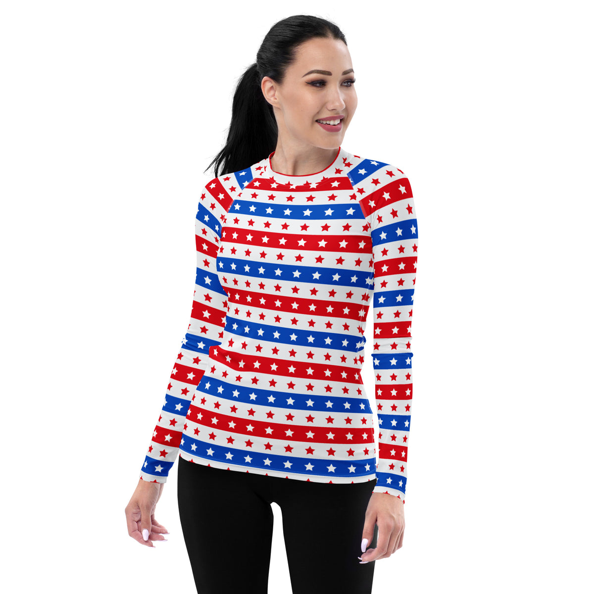 Women's Striped Red White and Blue Stars Long Sleeve Rash Guard Swim Shirt – Buttery Soft, Sun Safe UPF 50+ Protection, Quick Dry & 4-Way Stretch Comfort