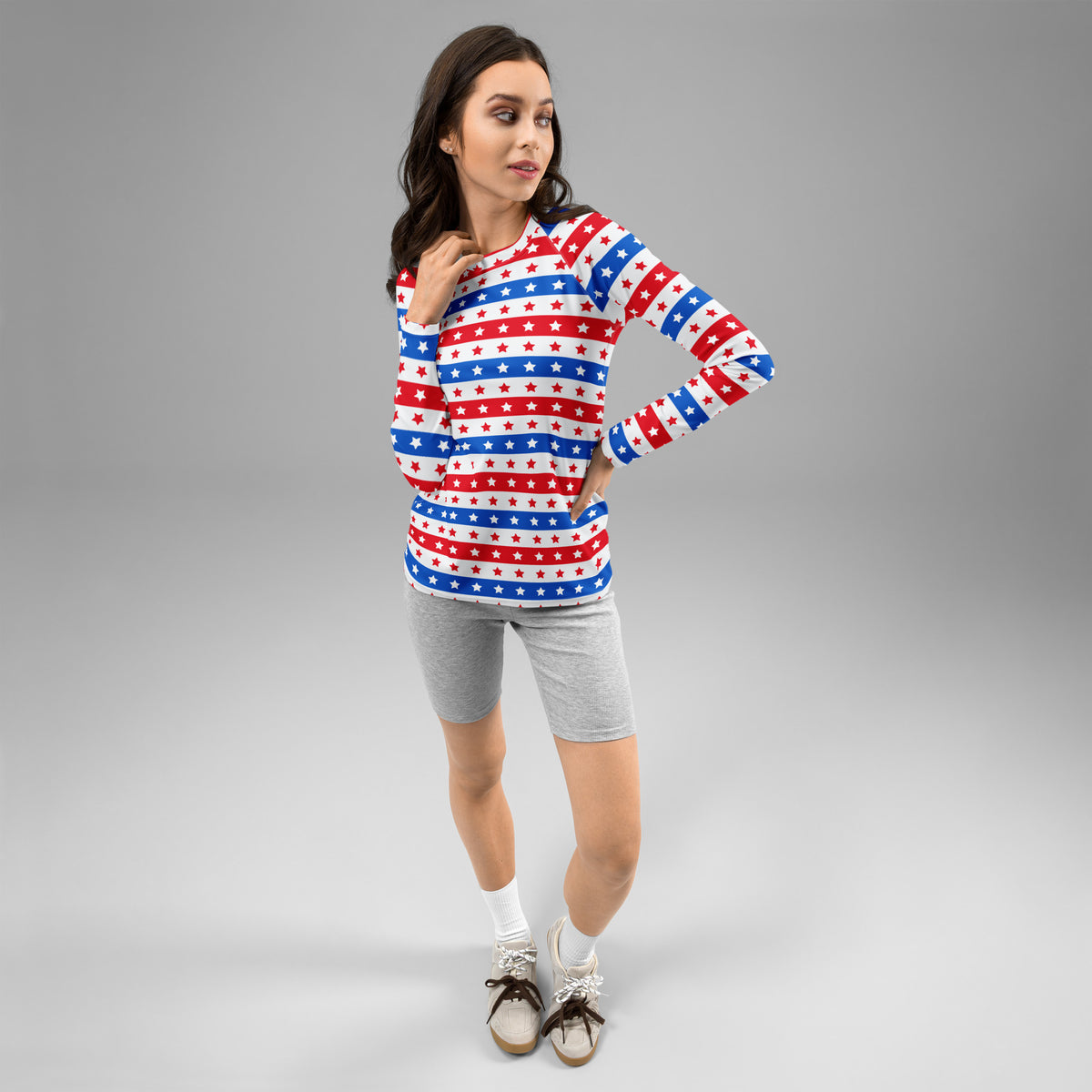 Women's Striped Red White and Blue Stars Long Sleeve Rash Guard Swim Shirt – Buttery Soft, Sun Safe UPF 50+ Protection, Quick Dry & 4-Way Stretch Comfort