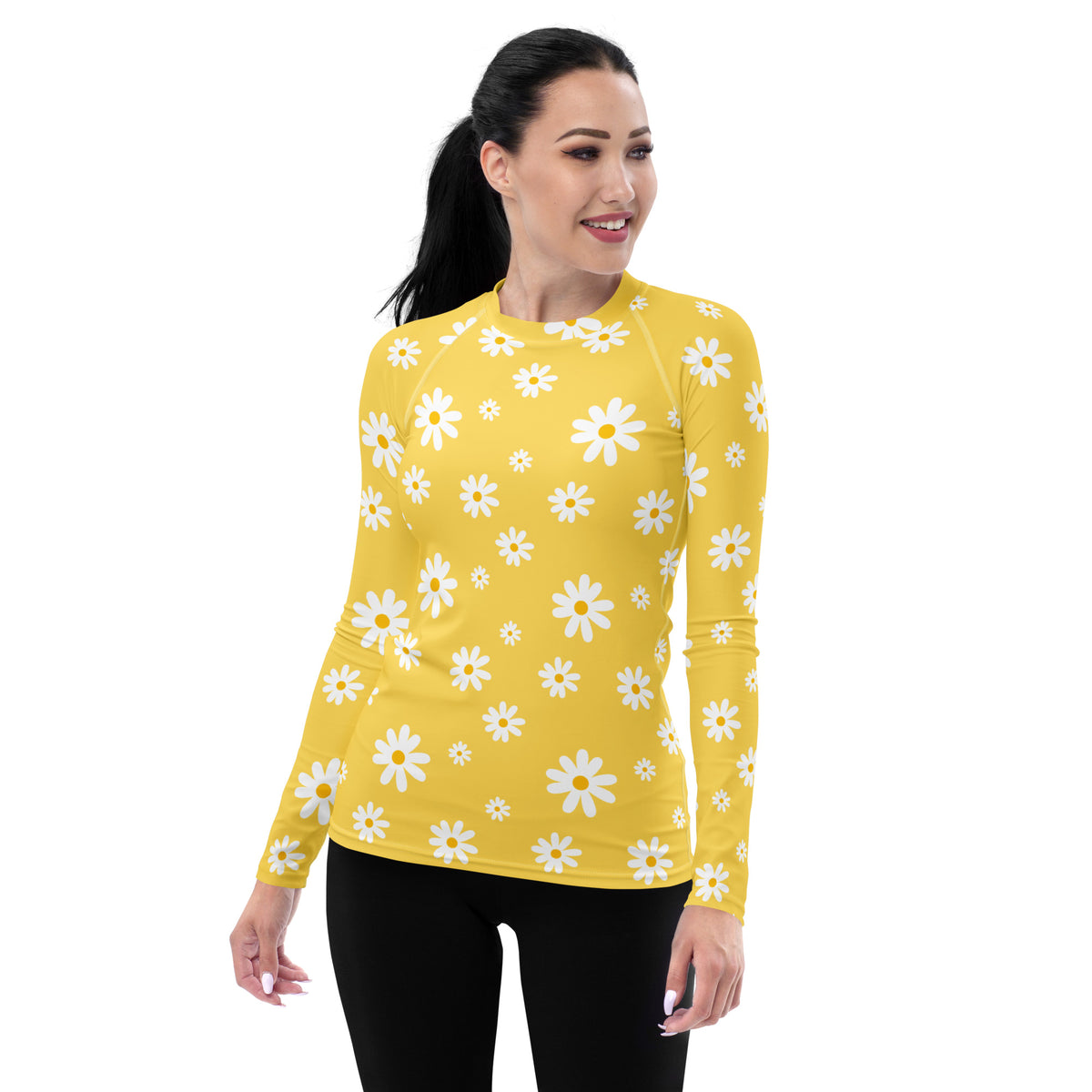 Women's Yellow Daisy Long Sleeve Rash Guard Swim Shirt – Buttery Soft, Sun Safe UPF 50+ Protection, Quick Dry & 4-Way Stretch Comfort