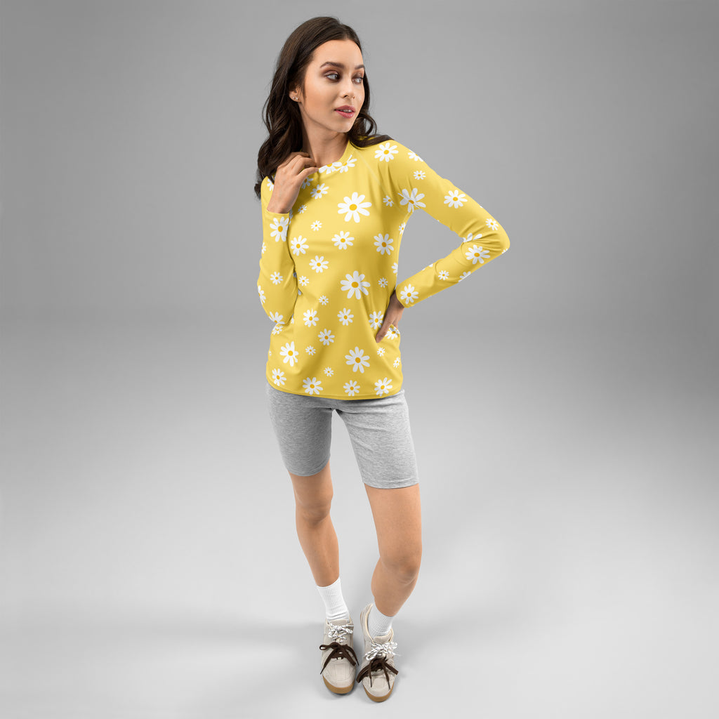 Women's Yellow Daisy Long Sleeve Rash Guard Swim Shirt – Buttery Soft, Sun Safe UPF 50+ Protection, Quick Dry & 4-Way Stretch Comfort