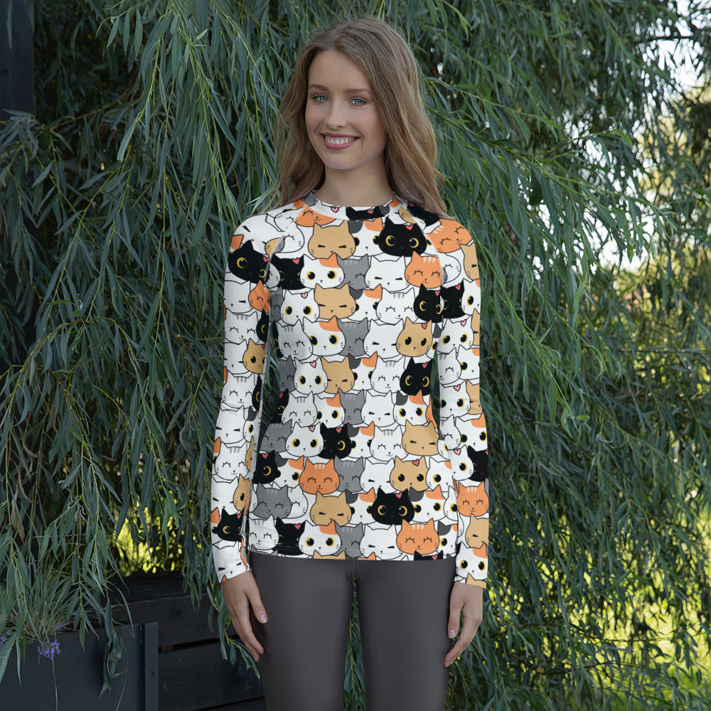 Women's Cat Face Long Sleeve Rash Guard Swim Shirt – Buttery Soft, Sun Safe UPF 50+ Protection, Quick Dry & 4-Way Stretch Comfort