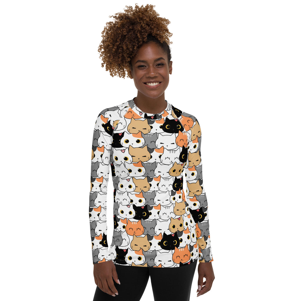 Women's Cat Face Long Sleeve Rash Guard Swim Shirt – Buttery Soft, Sun Safe UPF 50+ Protection, Quick Dry & 4-Way Stretch Comfort