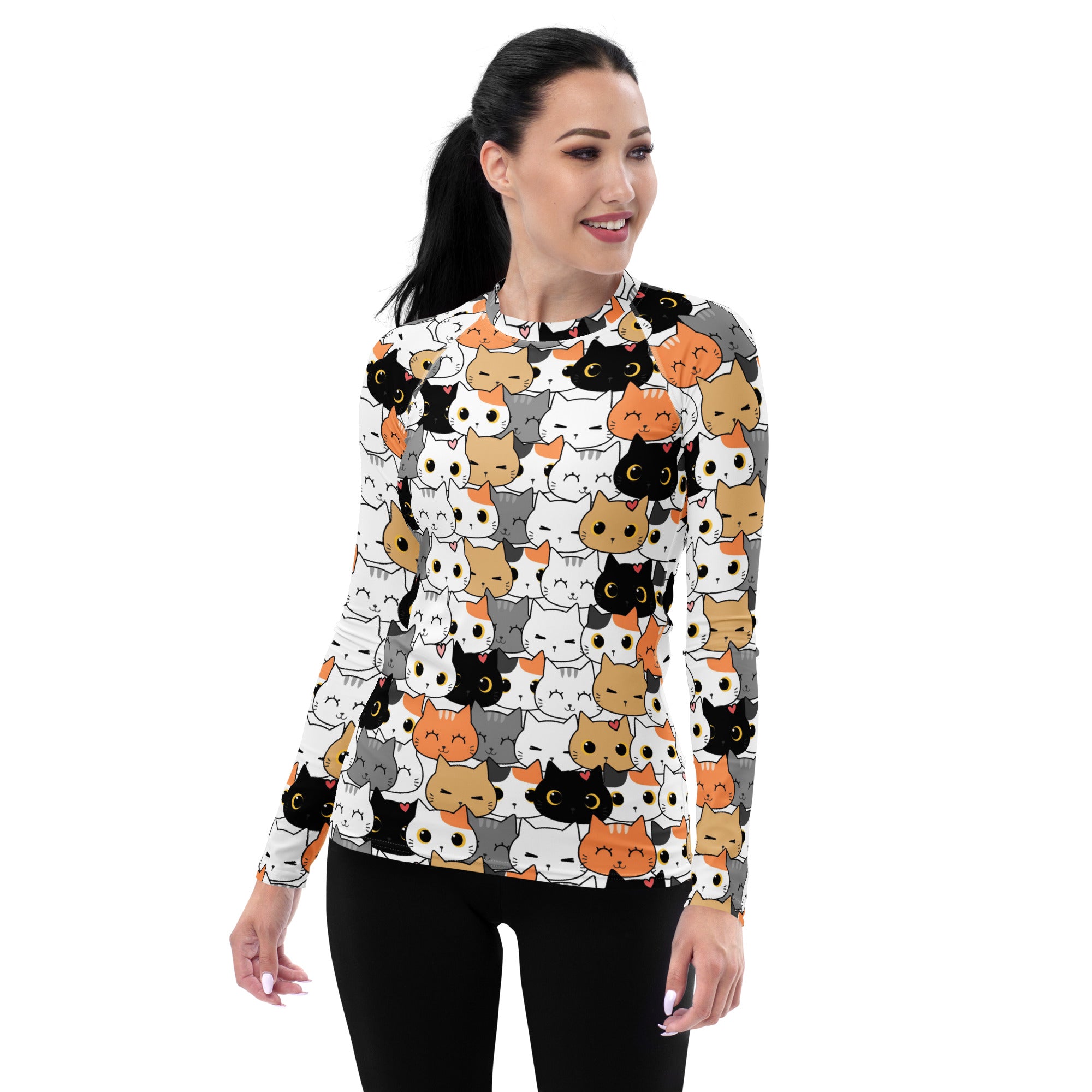 Women's Cat Face Long Sleeve Rash Guard Swim Shirt – Buttery Soft, Sun Safe UPF 50+ Protection, Quick Dry & 4-Way Stretch Comfort