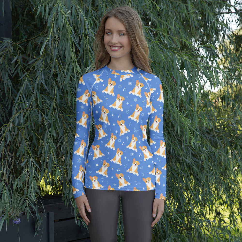 Women's Blue Corgi Dog Long Sleeve Rash Guard Swim Shirt – Buttery Soft, Sun Safe UPF 50+ Protection, Quick Dry & 4-Way Stretch Comfort
