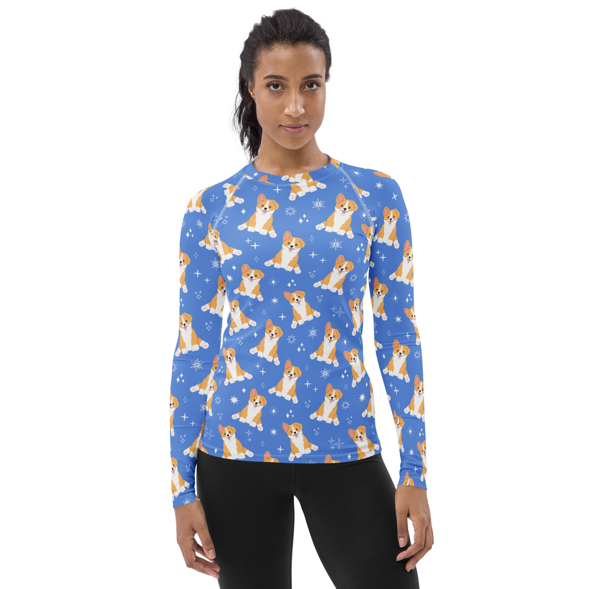 Women's Blue Corgi Dog Long Sleeve Rash Guard Swim Shirt – Buttery Soft, Sun Safe UPF 50+ Protection, Quick Dry & 4-Way Stretch Comfort