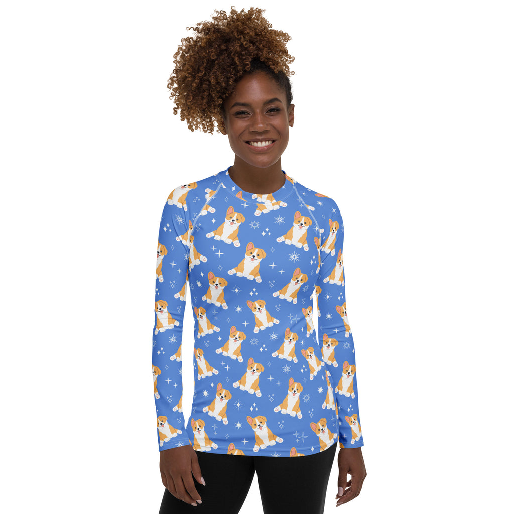 Women's Blue Corgi Dog Long Sleeve Rash Guard Swim Shirt – Buttery Soft, Sun Safe UPF 50+ Protection, Quick Dry & 4-Way Stretch Comfort