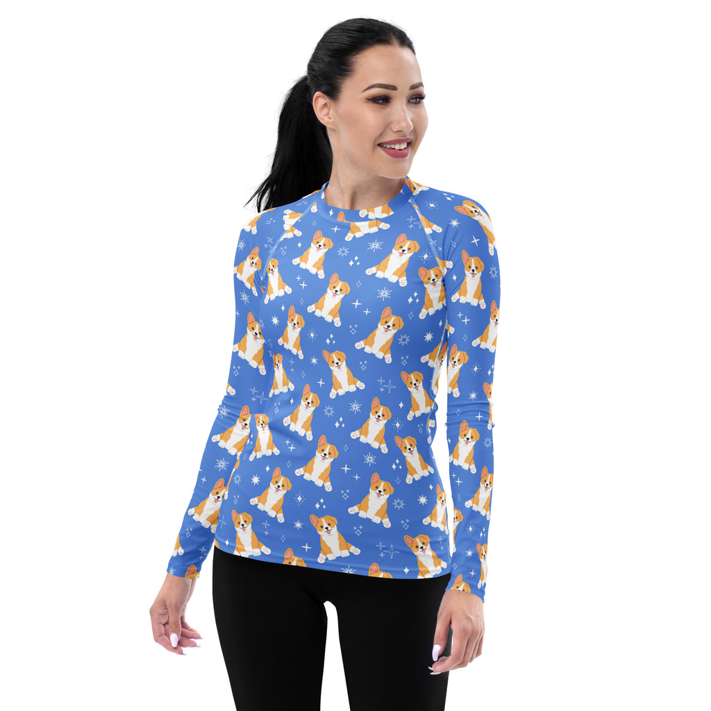 Women's Blue Corgi Dog Long Sleeve Rash Guard Swim Shirt – Buttery Soft, Sun Safe UPF 50+ Protection, Quick Dry & 4-Way Stretch Comfort
