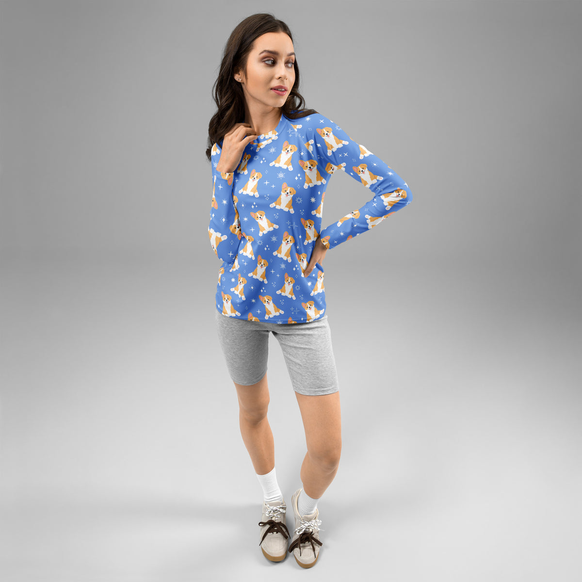 Women's Blue Corgi Dog Long Sleeve Rash Guard Swim Shirt – Buttery Soft, Sun Safe UPF 50+ Protection, Quick Dry & 4-Way Stretch Comfort