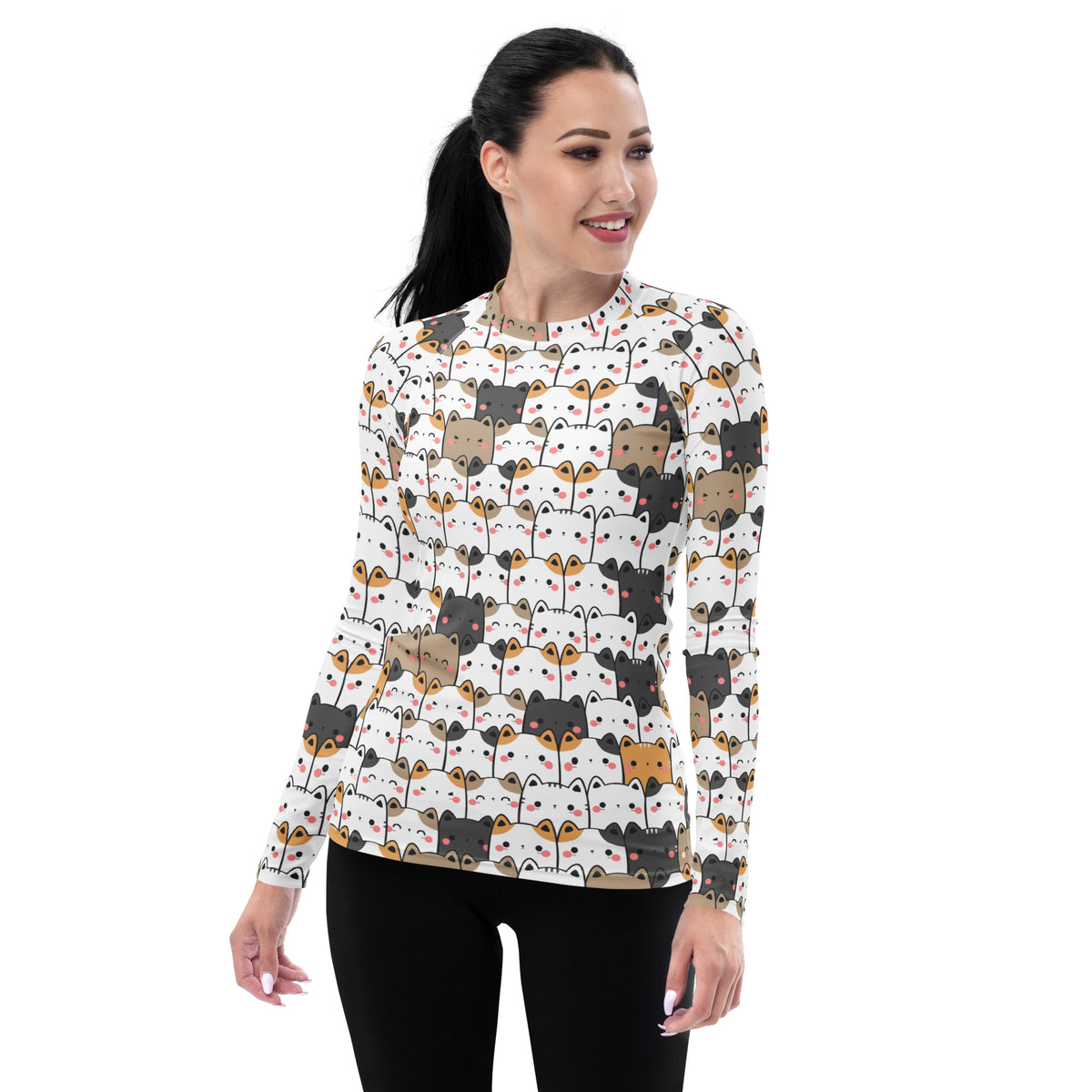 Women's Kawaii Cat Face Long Sleeve Rash Guard Swim Shirt – Buttery Soft, Sun Safe UPF 50+ Protection, Quick Dry & 4-Way Stretch Comfort
