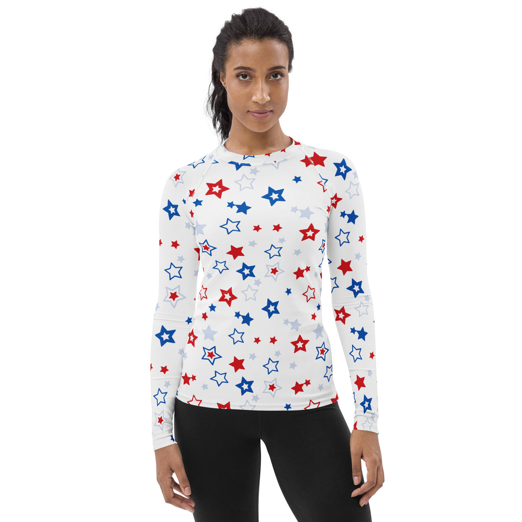 Women's Red White and Blue Stars Long Sleeve Rash Guard Swim Shirt – Buttery Soft, Sun Safe UPF 50+ Protection, Quick Dry & 4-Way Stretch Comfort
