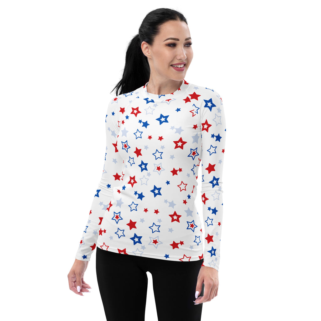 Women's Red White and Blue Stars Long Sleeve Rash Guard Swim Shirt – Buttery Soft, Sun Safe UPF 50+ Protection, Quick Dry & 4-Way Stretch Comfort