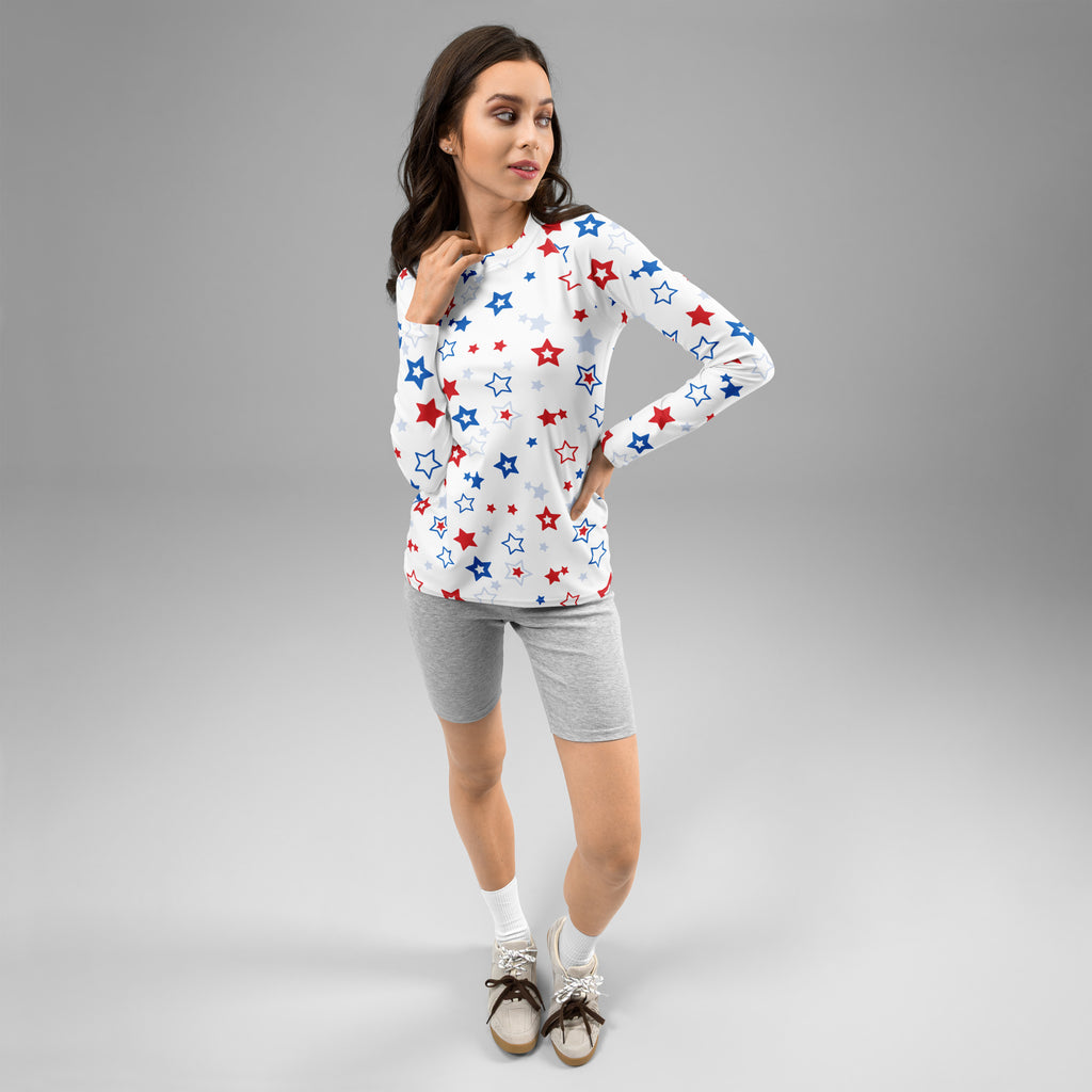Women's Red White and Blue Stars Long Sleeve Rash Guard Swim Shirt – Buttery Soft, Sun Safe UPF 50+ Protection, Quick Dry & 4-Way Stretch Comfort