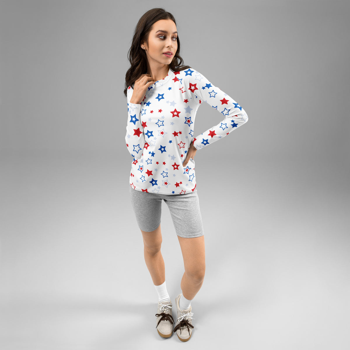 Women's Red White and Blue Stars Long Sleeve Rash Guard Swim Shirt – Buttery Soft, Sun Safe UPF 50+ Protection, Quick Dry & 4-Way Stretch Comfort