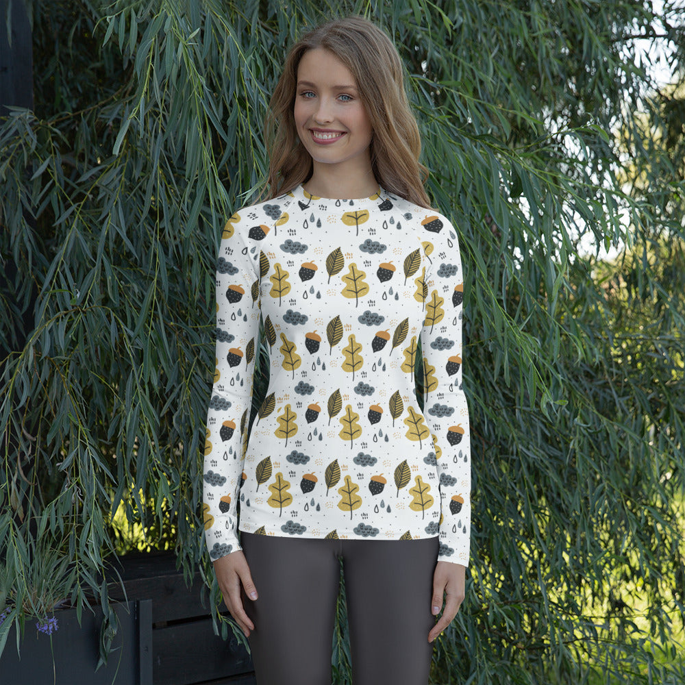 Women's Autumn Leaves and Acorns Long Sleeve Rash Guard Swim Shirt – Buttery Soft, Sun Safe UPF 50+ Protection, Quick Dry & 4-Way Stretch Comfort