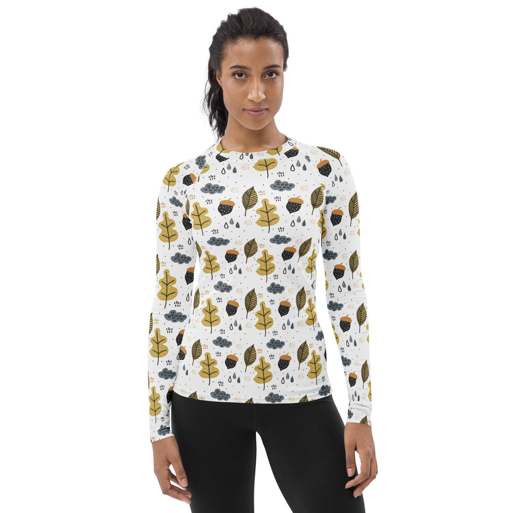 Women's Autumn Leaves and Acorns Long Sleeve Rash Guard Swim Shirt – Buttery Soft, Sun Safe UPF 50+ Protection, Quick Dry & 4-Way Stretch Comfort