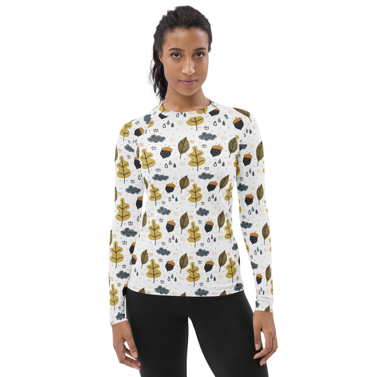 Women's Autumn Leaves and Acorns Long Sleeve Rash Guard Swim Shirt – Buttery Soft, Sun Safe UPF 50+ Protection, Quick Dry & 4-Way Stretch Comfort