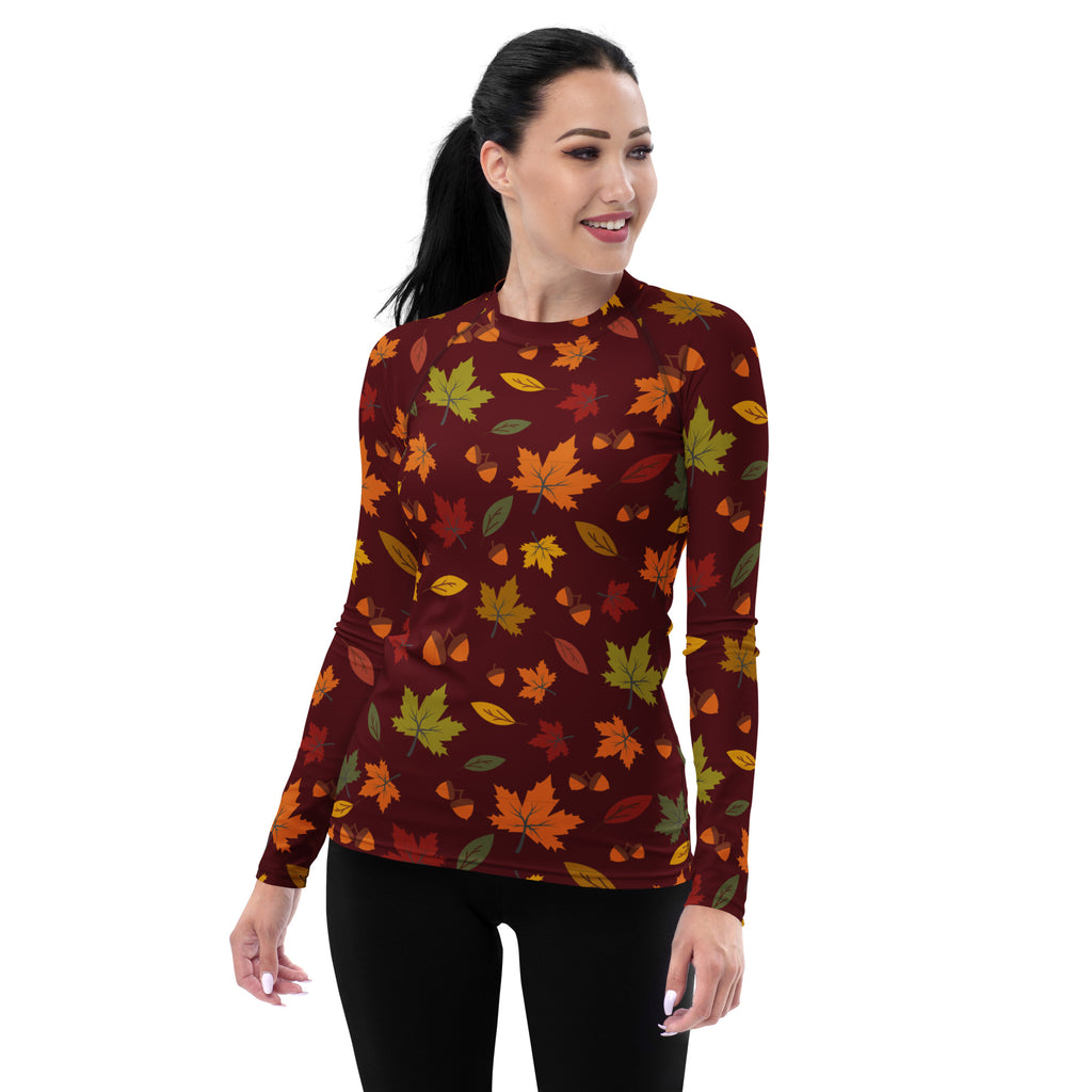 Women's Autumn Maple Leaves Long Sleeve Rash Guard Swim Shirt – Buttery Soft, Sun Safe UPF 50+ Protection, Quick Dry & 4-Way Stretch Comfort