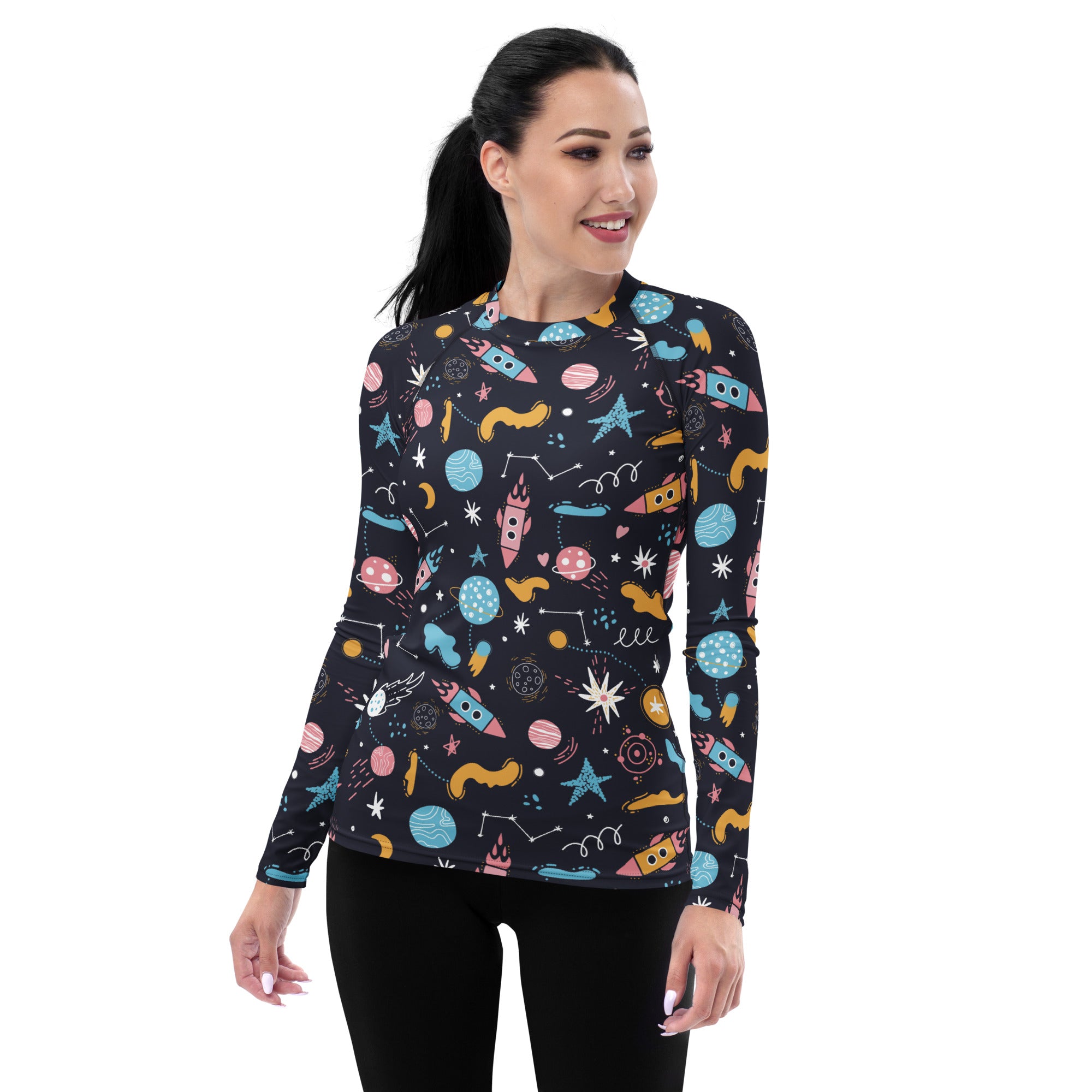 Women's Outer Space Long Sleeve Rash Guard Swim Shirt – Buttery Soft, Sun Safe UPF 50+ Protection, Quick Dry & 4-Way Stretch Comfort