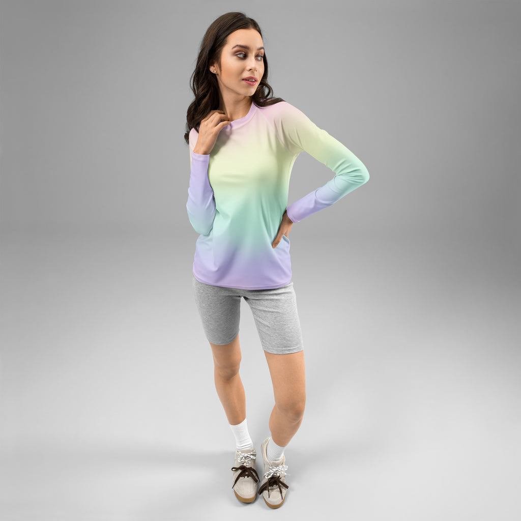 Women's Pastel Rainbow Long Sleeve Rash Guard Swim Shirt – Buttery Soft, Sun Safe UPF 50+ Protection, Quick Dry & 4-Way Stretch Comfort