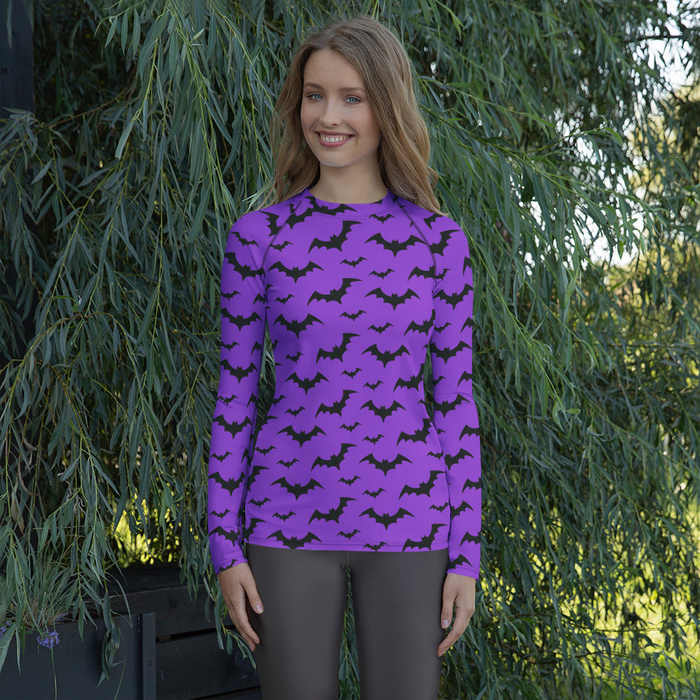 Women's Purple Bat Halloween Long Sleeve Rash Guard Swim Shirt – Buttery Soft, Sun Safe UPF 50+ Protection, Quick Dry & 4-Way Stretch Comfort