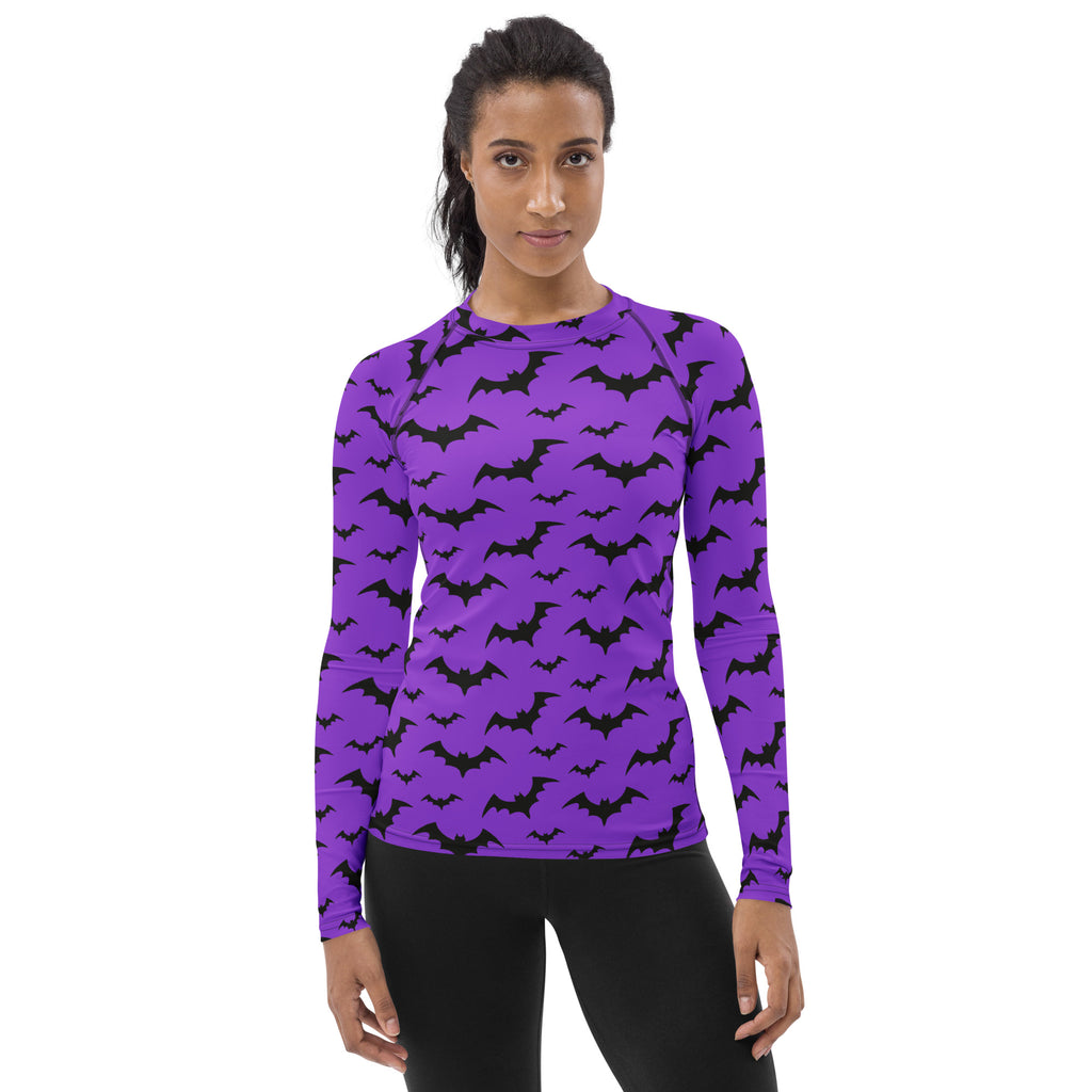 Women's Purple Bat Halloween Long Sleeve Rash Guard Swim Shirt – Buttery Soft, Sun Safe UPF 50+ Protection, Quick Dry & 4-Way Stretch Comfort