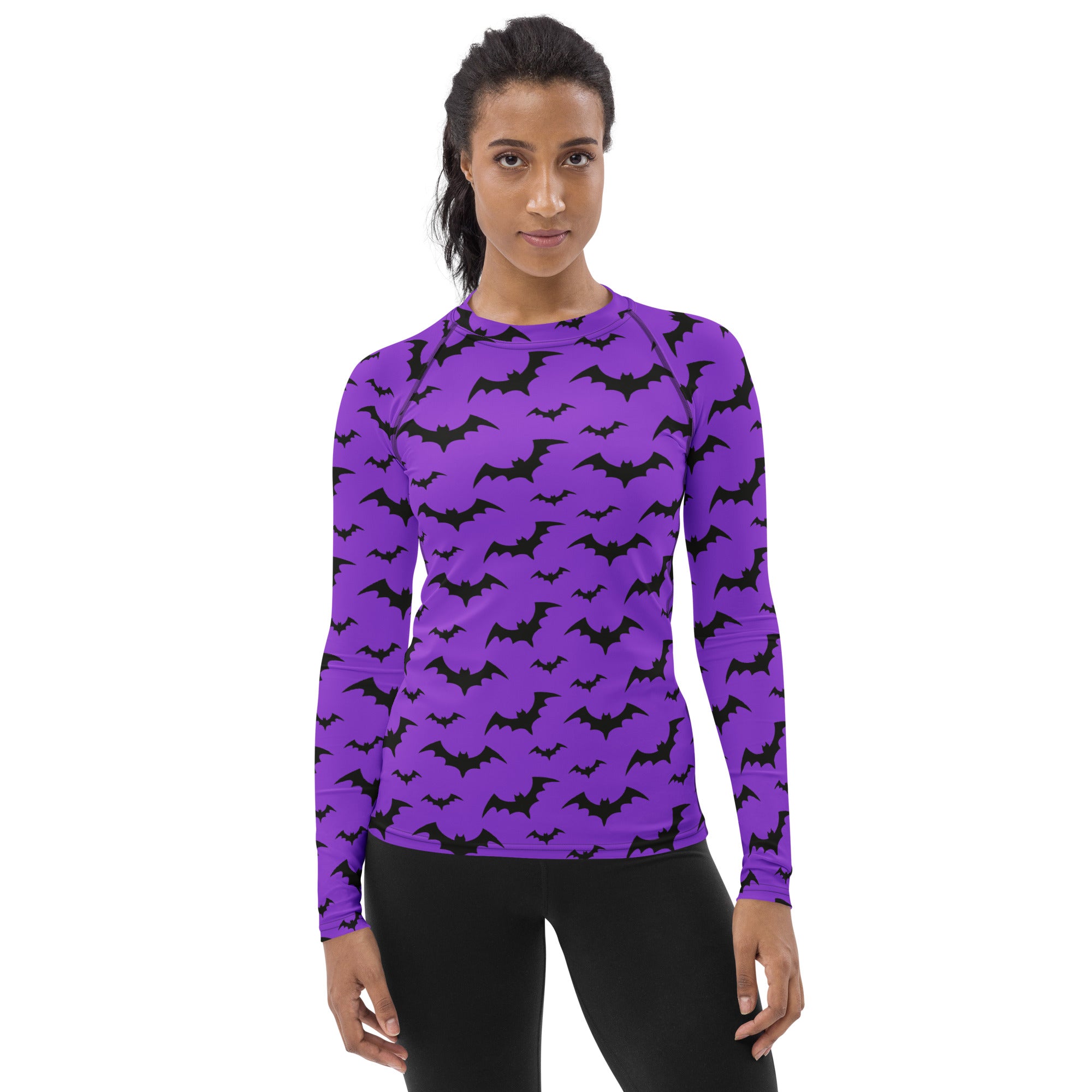 Women's Purple Bat Halloween Long Sleeve Rash Guard Swim Shirt – Buttery Soft, Sun Safe UPF 50+ Protection, Quick Dry & 4-Way Stretch Comfort