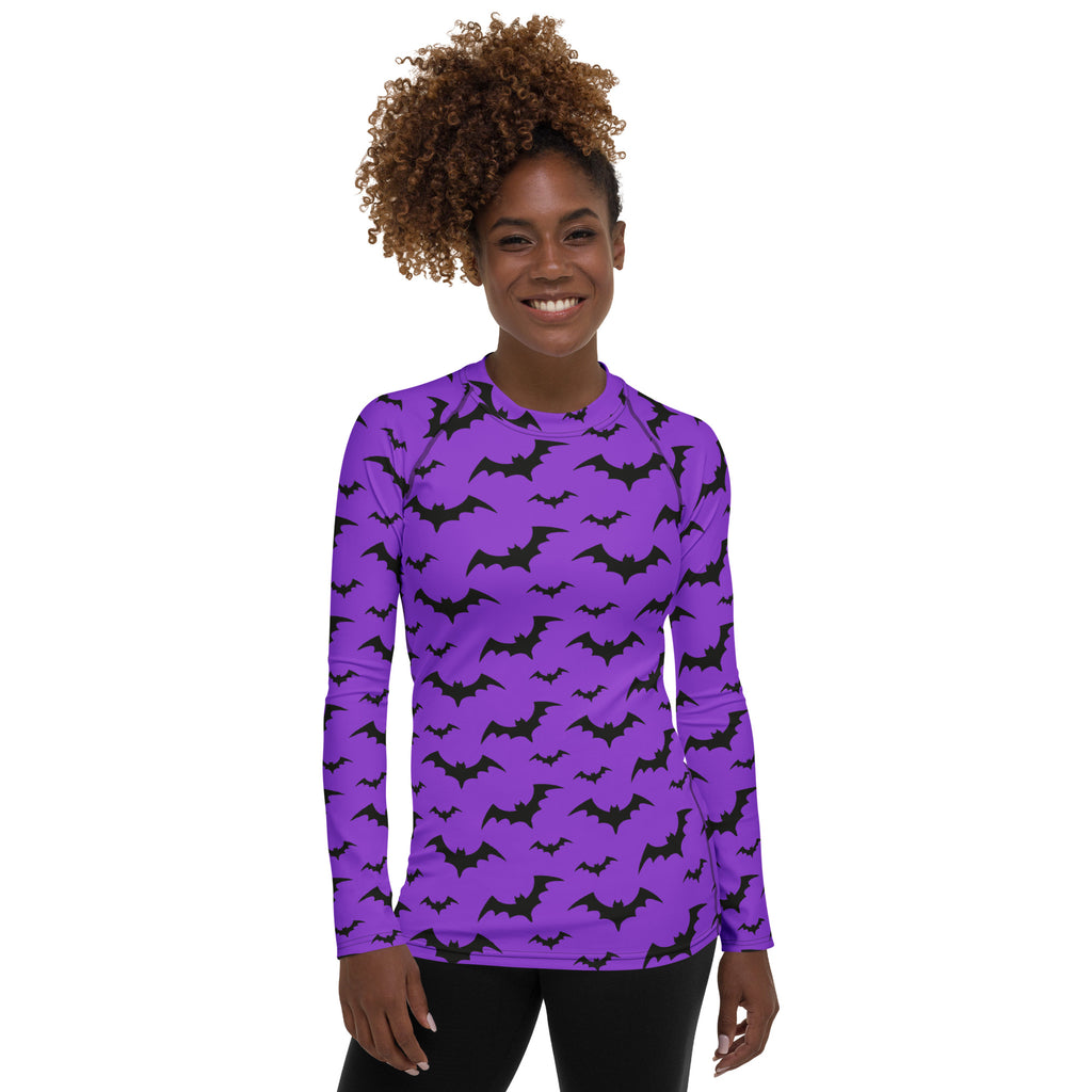 Women's Purple Bat Halloween Long Sleeve Rash Guard Swim Shirt – Buttery Soft, Sun Safe UPF 50+ Protection, Quick Dry & 4-Way Stretch Comfort