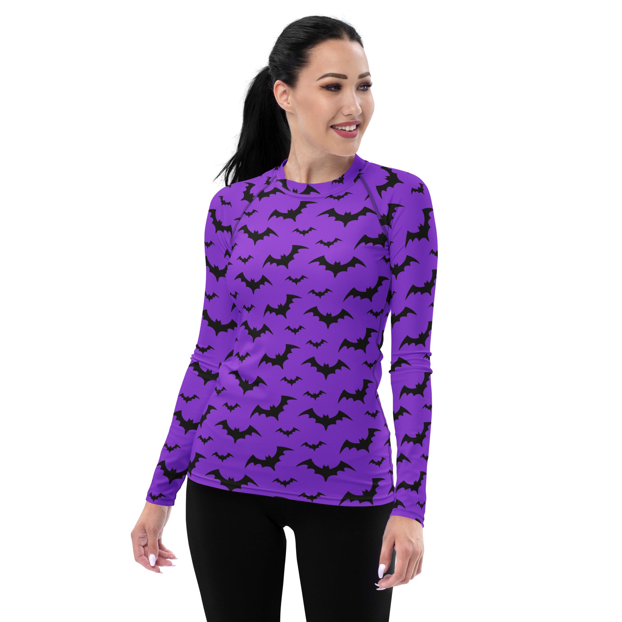 Women's Purple Bat Halloween Long Sleeve Rash Guard Swim Shirt – Buttery Soft, Sun Safe UPF 50+ Protection, Quick Dry & 4-Way Stretch Comfort