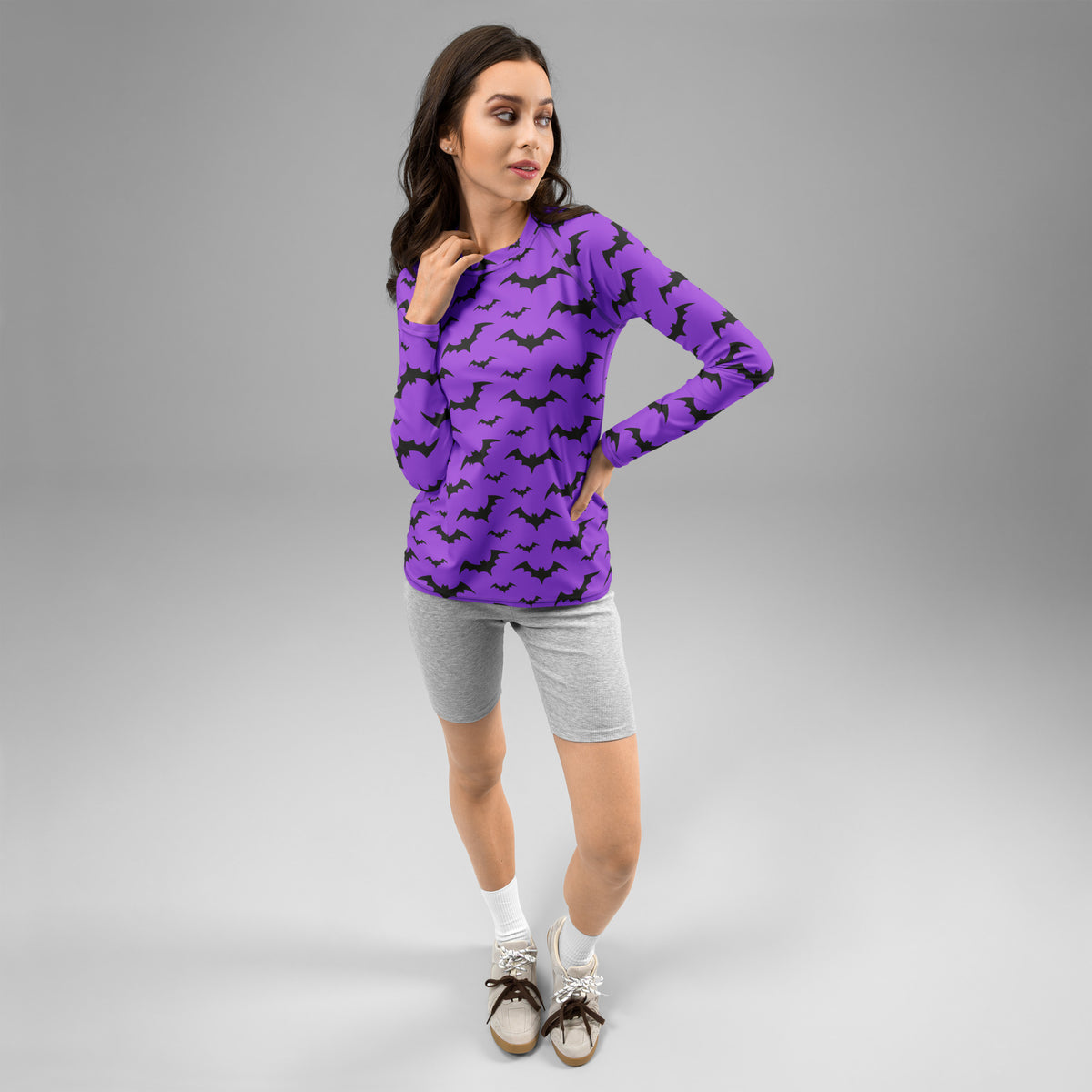 Women's Purple Bat Halloween Long Sleeve Rash Guard Swim Shirt – Buttery Soft, Sun Safe UPF 50+ Protection, Quick Dry & 4-Way Stretch Comfort