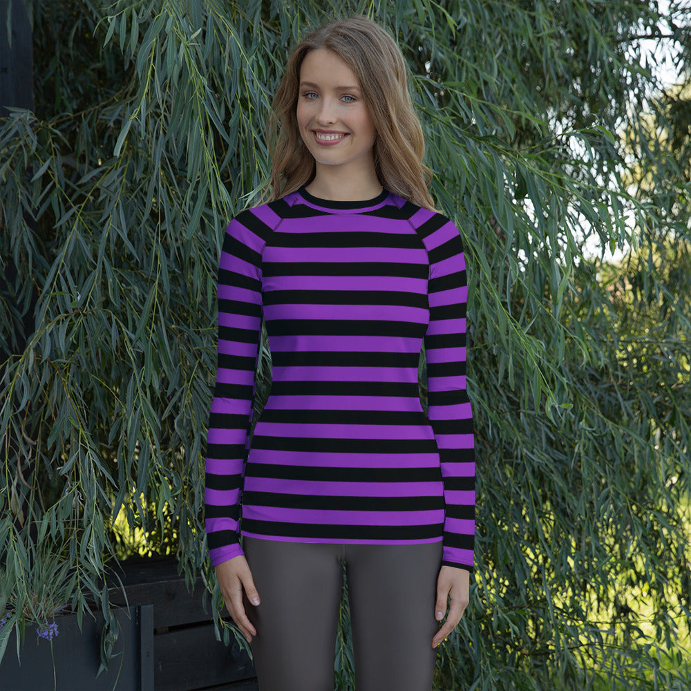 Women's Purple and Black Striped Halloween Long Sleeve Rash Guard Swim Shirt – Buttery Soft, Sun Safe UPF 50+ Protection, Quick Dry & 4-Way Stretch Comfort