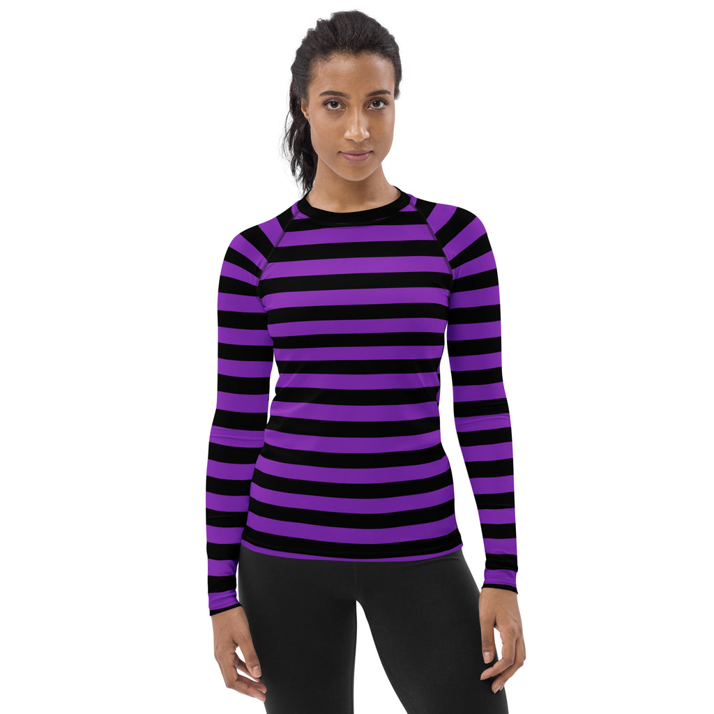 Women's Purple and Black Striped Halloween Long Sleeve Rash Guard Swim Shirt – Buttery Soft, Sun Safe UPF 50+ Protection, Quick Dry & 4-Way Stretch Comfort