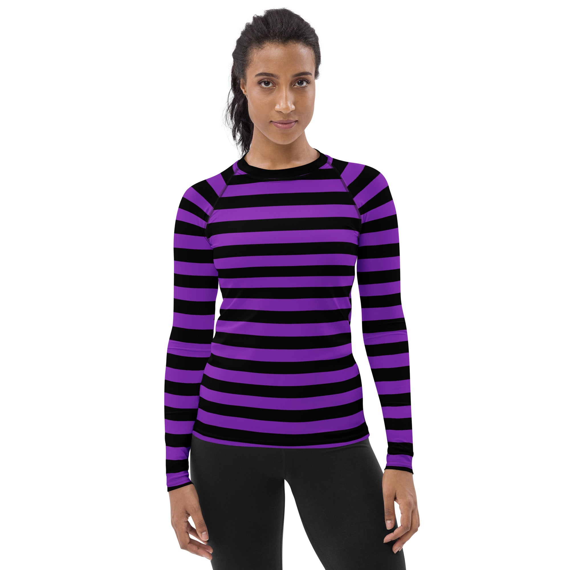 Women's Purple and Black Striped Halloween Long Sleeve Rash Guard Swim Shirt – Buttery Soft, Sun Safe UPF 50+ Protection, Quick Dry & 4-Way Stretch Comfort