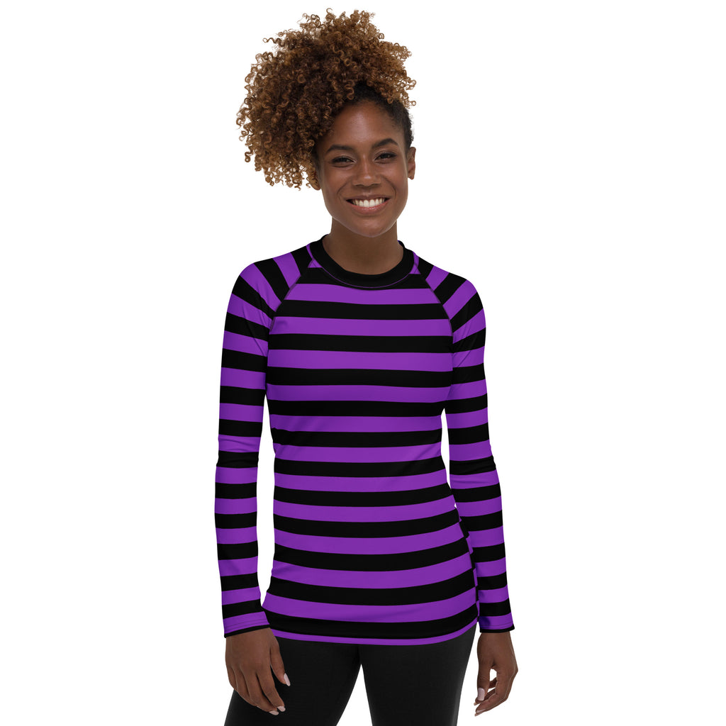 Women's Purple and Black Striped Halloween Long Sleeve Rash Guard Swim Shirt – Buttery Soft, Sun Safe UPF 50+ Protection, Quick Dry & 4-Way Stretch Comfort