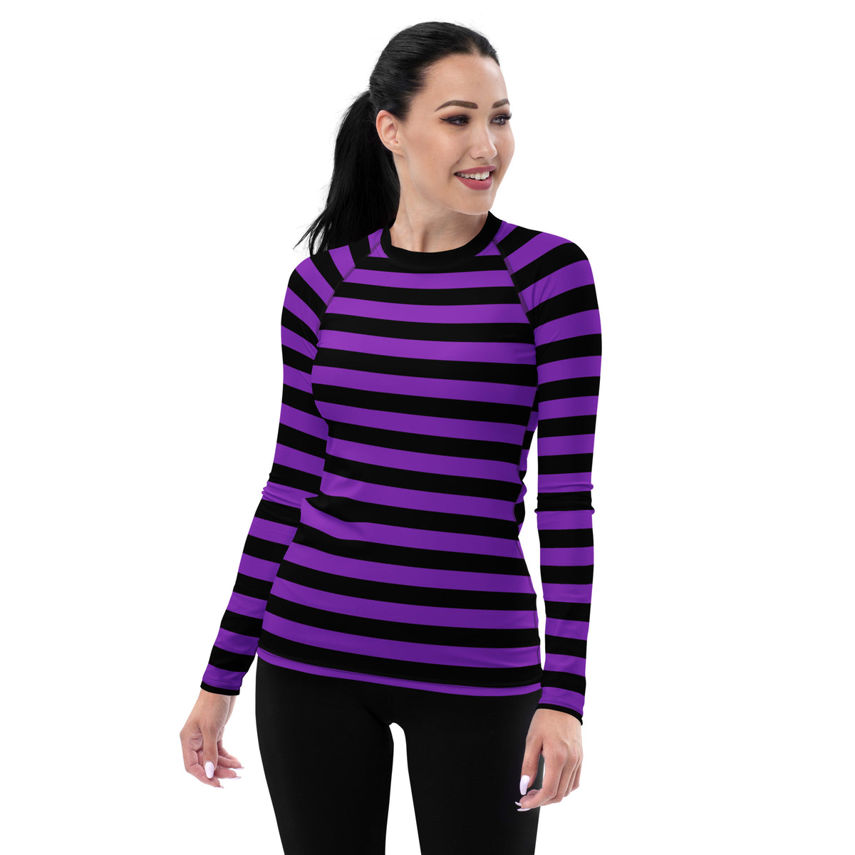 Women's Purple and Black Striped Halloween Long Sleeve Rash Guard Swim Shirt – Buttery Soft, Sun Safe UPF 50+ Protection, Quick Dry & 4-Way Stretch Comfort