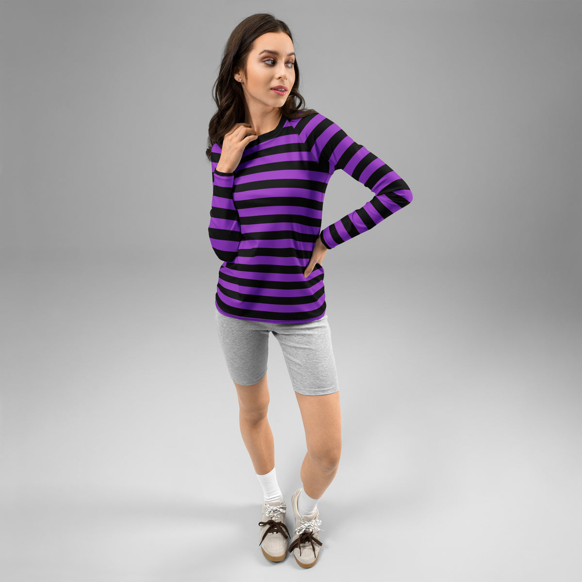 Women's Purple and Black Striped Halloween Long Sleeve Rash Guard Swim Shirt – Buttery Soft, Sun Safe UPF 50+ Protection, Quick Dry & 4-Way Stretch Comfort