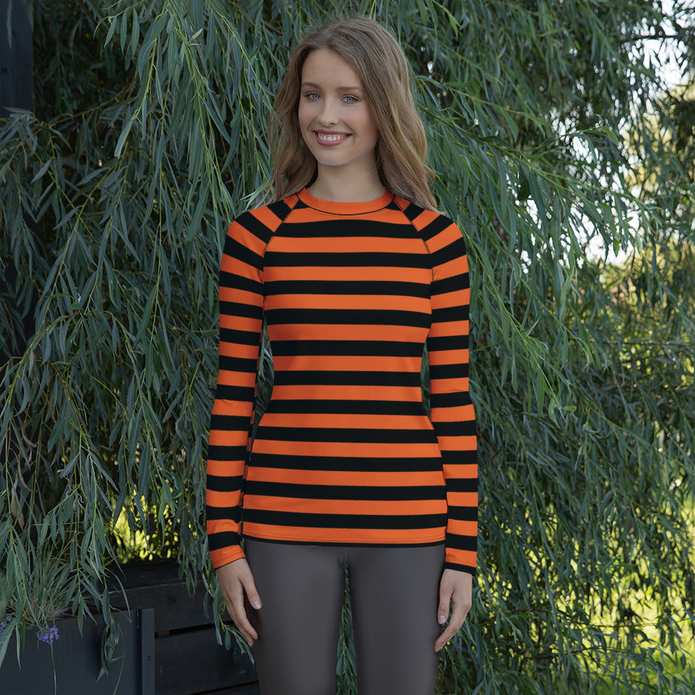 Women's Orange and Black Striped Halloween Long Sleeve Rash Guard Swim Shirt – Buttery Soft, Sun Safe UPF 50+ Protection, Quick Dry & 4-Way Stretch Comfort