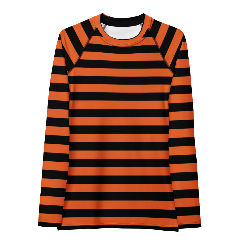 Women's Orange and Black Striped Halloween Long Sleeve Rash Guard Swim Shirt – Buttery Soft, Sun Safe UPF 50+ Protection, Quick Dry & 4-Way Stretch Comfort