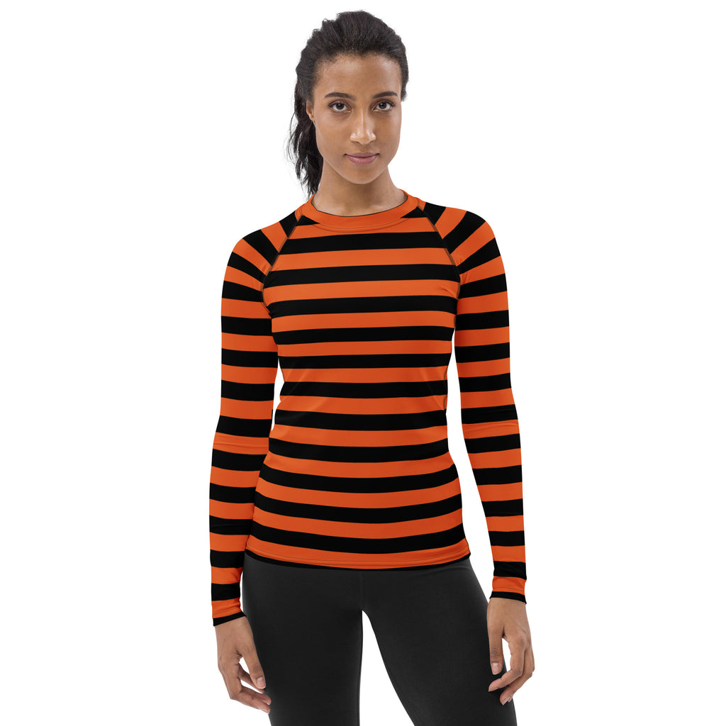 Women's Orange and Black Striped Halloween Long Sleeve Rash Guard Swim Shirt – Buttery Soft, Sun Safe UPF 50+ Protection, Quick Dry & 4-Way Stretch Comfort