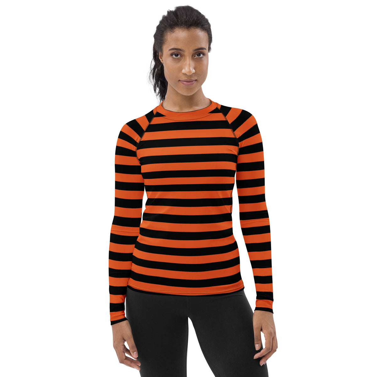 Women's Orange and Black Striped Halloween Long Sleeve Rash Guard Swim Shirt – Buttery Soft, Sun Safe UPF 50+ Protection, Quick Dry & 4-Way Stretch Comfort