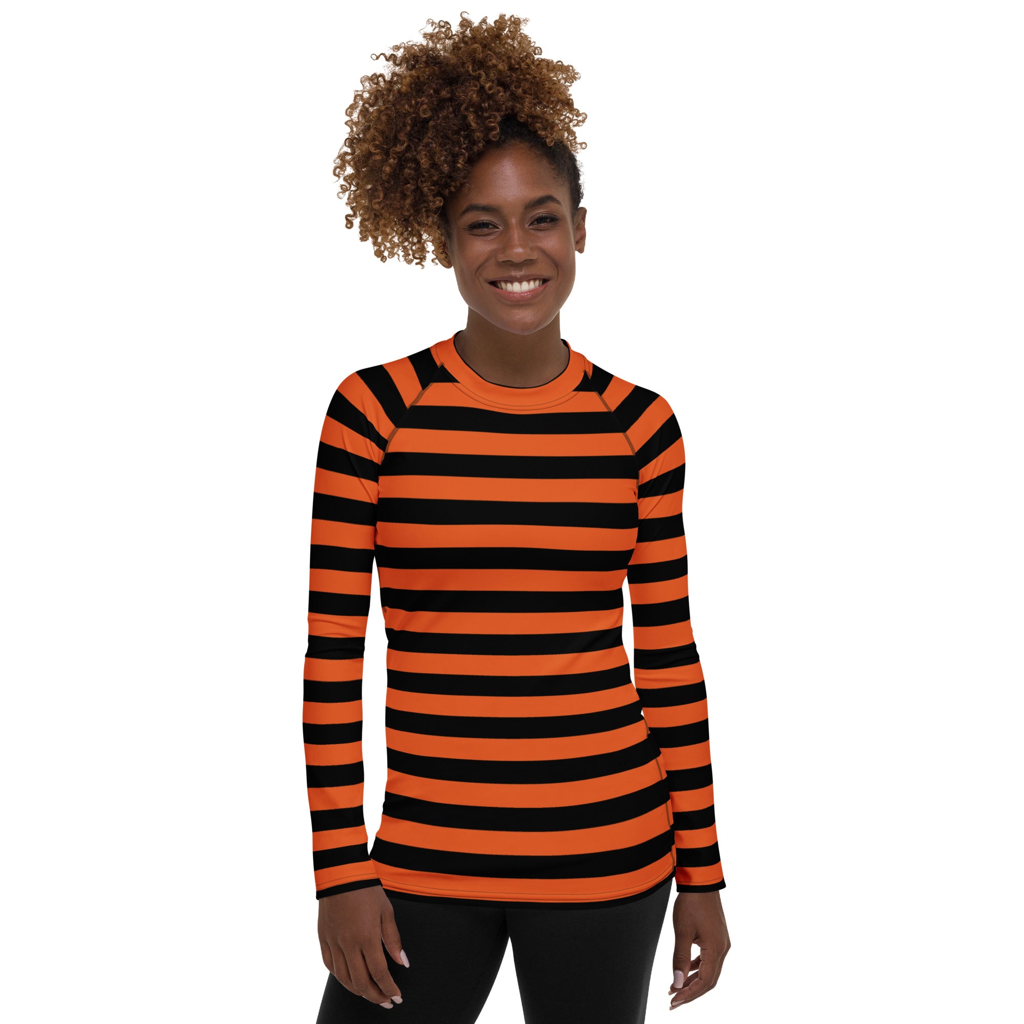 Women's Orange and Black Striped Halloween Long Sleeve Rash Guard Swim Shirt – Buttery Soft, Sun Safe UPF 50+ Protection, Quick Dry & 4-Way Stretch Comfort
