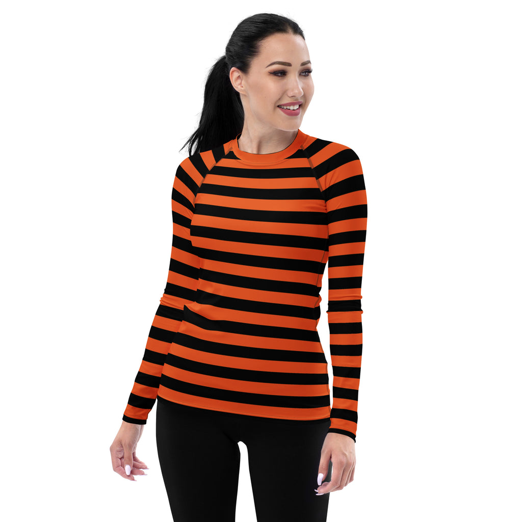 Women's Orange and Black Striped Halloween Long Sleeve Rash Guard Swim Shirt – Buttery Soft, Sun Safe UPF 50+ Protection, Quick Dry & 4-Way Stretch Comfort