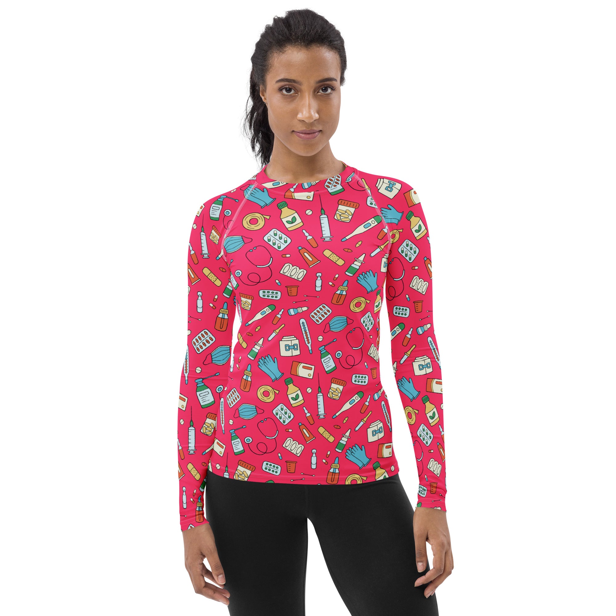 Women's Pink Nurse Themed Long Sleeve Rash Guard Swim Shirt – Buttery Soft, Sun Safe UPF 50+ Protection, Quick Dry & 4-Way Stretch Comfort